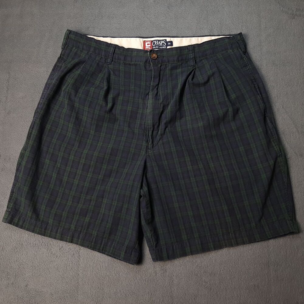 VINTAGE Chaps Ralph Lauren Shorts Men 36 x 7 Green Tartan Blackwatch Plaid Chino